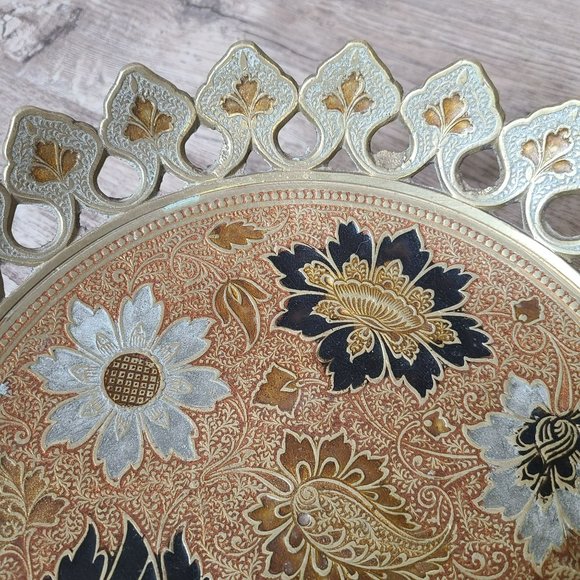 Vtg Enamel & Brass Pedestal Bowl Tray Floral Design Solid Cut 10" Made in India - Picture 8 of 14